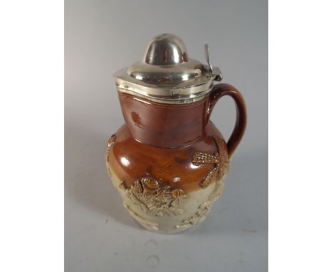 A Georgian Silver Topped Treacle Glazed Stoneware Jug Decorated with Tavern and Hunting Scenes, Lid Detached 16cm high
