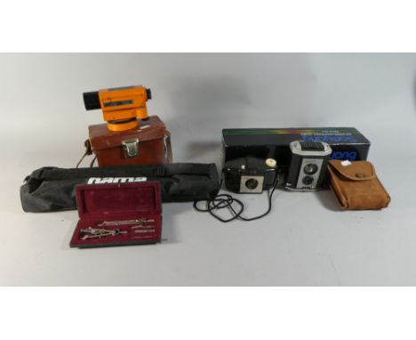 A Tray Containing Vintage Cameras, Tripod, SLR Interchangeable Lenses, Cased Dumppy Level, Drawing Set Etc 