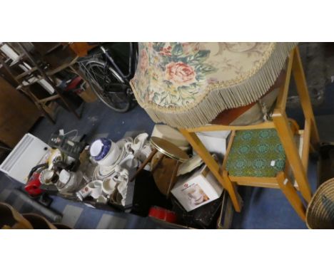 Five Boxes of China and Glassware, Footstool and Stand, Electric Vacuum Cleaner and Heater, Spot Light etc