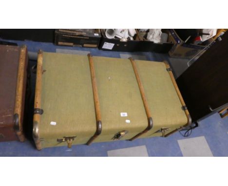A Green Canvas Covered Travelling Trunk, 91cm Wide 
