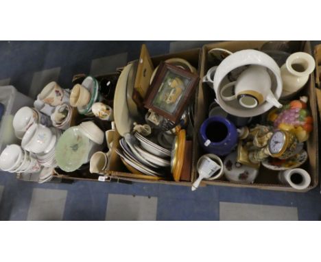 Four Boxes of Various China and Glassware, Wall Clock, Ornaments etc
