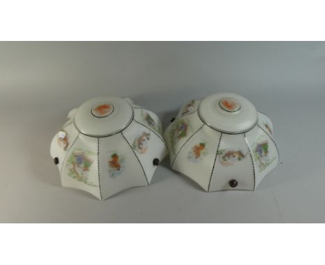 A Pair of Transfer Printed Opaque Octagonal Ceiling Light Shades, with Oriental Design, Each 31cm Diameter 