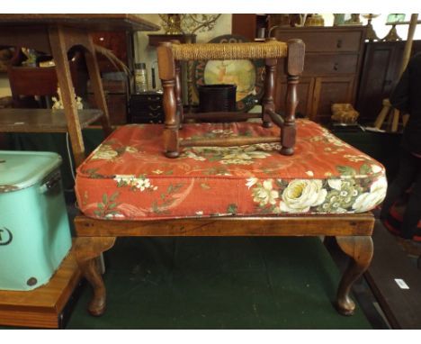 A Large Footstool with Short Cabriole Legs, 69cm Wide and a Rush Topped Stool