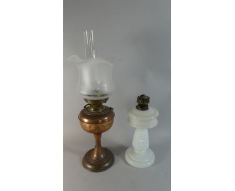 A Copper Oil Lamp with Opaque Shade and an Opaque Glass Oil Lamp