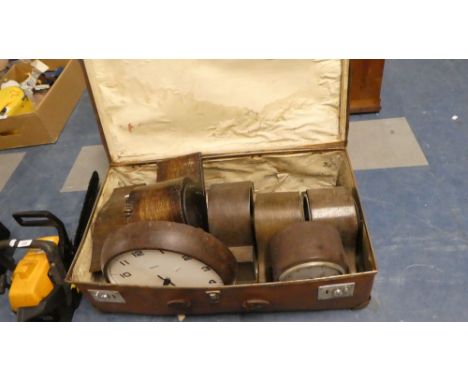 A Collection of Five Wooden Clock Cases and Two Bakelite Cases in Vintage Suitcase 