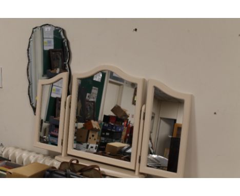 A TRIPLE DRESSING TABLE MIRROR, TOGETHER WITH A WALL HANGING MIRROR