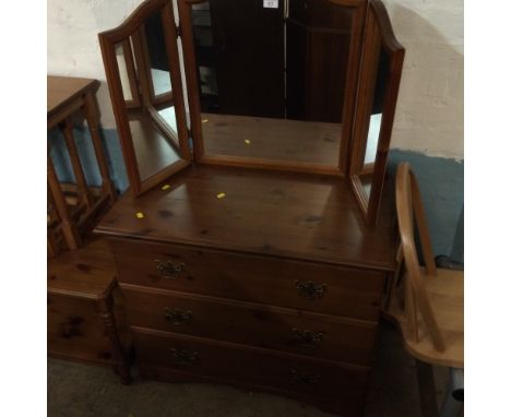 A PINE THREE DRAWER CHEST, BEDSIDE CHEST + TRIPLE MIRROR  (3)
