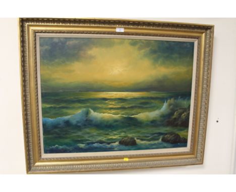 A LARGE GILT FRAMED OIL ON CANVAS OF A SEASCAPE, SIGNED TO THE LOWER RIGHT HAND CORNER 