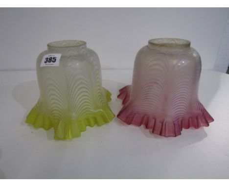 LAMPSHADES, 2 opaque glass lamp shades, 1 with cranberry decoration, other yellow decoration, 18.5cm diameter widest point, a