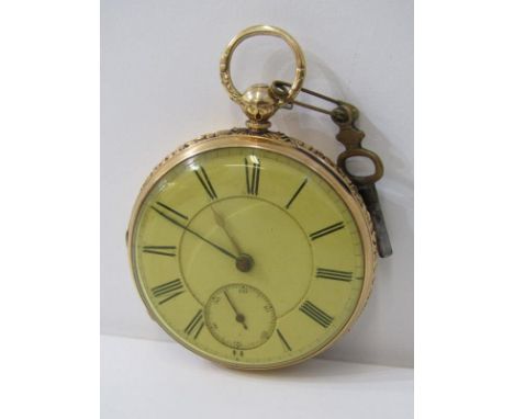 GOLD CASED POCKET WATCH, 18ct yellow gold key wind pocket watch with white enamel dial and secondary dial, in engine turned d