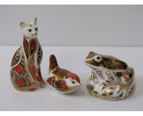 ROYAL CROWN DERBY,  3 assorted figures including limited edition old imari frog, with silver button, also a seated siamese ca