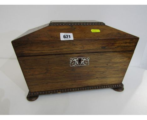 19TH CENTURY TEA POY, walnut veneered twin handled shaped tea caddy with MOP inlay, with 2 fitted tea containers to the inter
