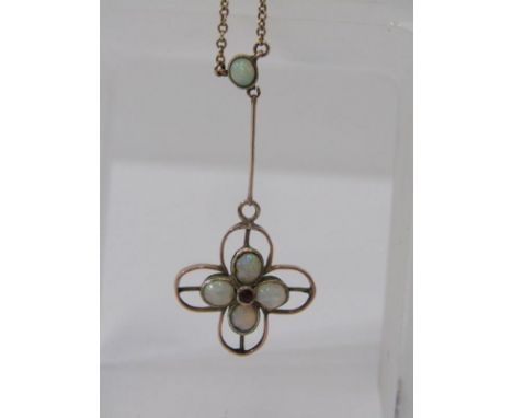 OPAL PENDANT ON NECKLACE CHAIN, a 9ct yellow gold pendant set with a cluster of opals with a ruby to centre. Opal mounted on 