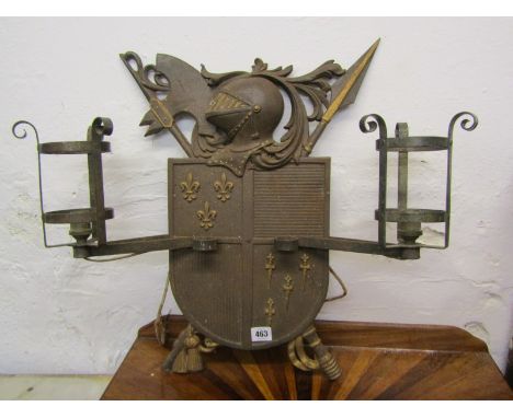 MEDIEVAL STYLE WALL LIGHT FITTING, wrought iron wall light fitting in the form of a shield and helmet, 50cm 