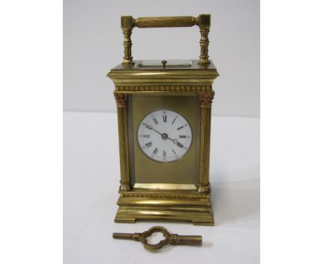 BRASS CASED REPEATER CARRIAGE CLOCK, with coiled bar strike movement, case with fluted pillar supports, 14cm height with key 