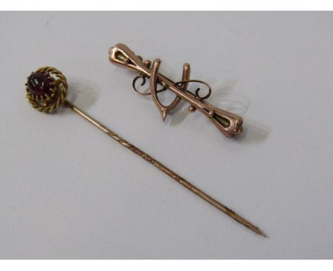 GOLD BROOCH AND STICK PIN, a vintage 9ct yellow gold wishbone brooch, 3.5cm length, together with a 9ct gold stick pin, set w