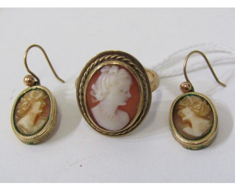 CAMEO RING, 9ct yellow gold ring set an oval cameo , size L/M, together with a pair of cameo earrings in yellow metal mounts 