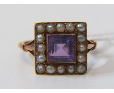 VINTAGE 15ct YELLOW GOLD AMETHYST &amp; PEARL DRESS RING, principal square cut amethyst surrounded by 16 pearls in heavy 15 c