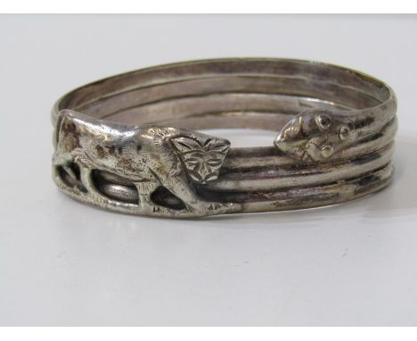 WHITE METAL, TEST SILVER LIONESS &amp; SNAKE BANGLE, unusual design, looks of African manufacture, approx 56.3 grams 