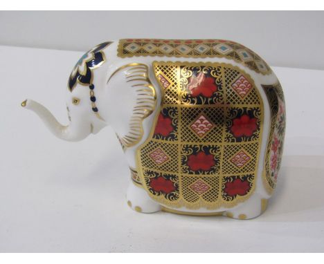 ROYAL CROWN DERBY, Royal Crown Derby paperweight in the form of an Elephant with silver button to base, 15cm width291- Good c