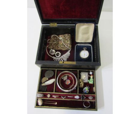 JEWELLERY BOX &amp; CONTENTS, black leather jewellery box containing 7 assorted silver rings, silver bangle, lady's pocket fo