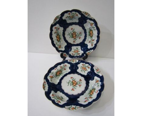 WORCESTER PORCELAIN, pair of Worcester porcelain bowls, decorated with floral panels on a blue scale ground, both with square