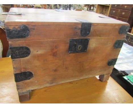 ANTIQUE PINE TRUNK, antique pine box with metal strap decoration, 50cm width with handles to either side 