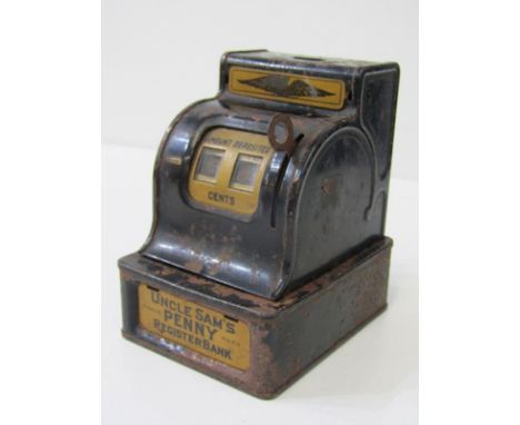 VINTAGE MONEY BOX, in the form of a cash register, "Uncle Sam's Penny Register Bank", 15cm height 