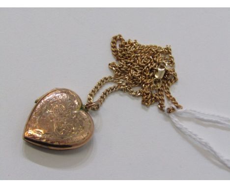 VINTAGE GOLD LOCKET, yellow gold heart shaped, foliate engraved locket, tests as 9ct, with 17" 9ct gold chain, 5.9 grams 
