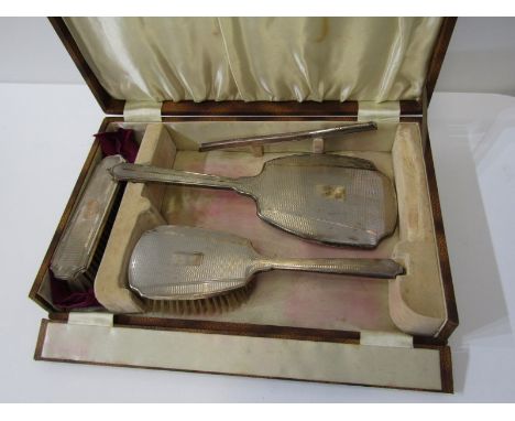 SILVER 3 PIECE DRESSING TABLE SET, with hand mirror and 2 brushes, with engine turned decoration, makers B &amp; Co, Birmingh