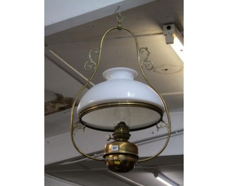 VICTORIAN BRASS HANGING LAMP, Lamp Nationale brass framed hanging lamp with opaque glass shade, 76cm drop 