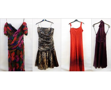 Frank Usher multi-coloured chiffon short sleeved evening dress, Frank Usher leopard print cocktail dress and two other evenin