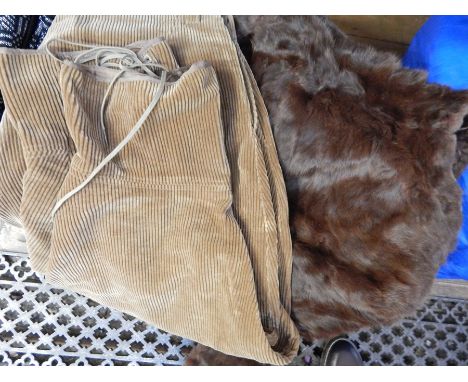 A selection of vintage jodhpurs, corduroy, brown wool, etc and a squirrel stole made by Marshall & Snelgrove (1 bag) 