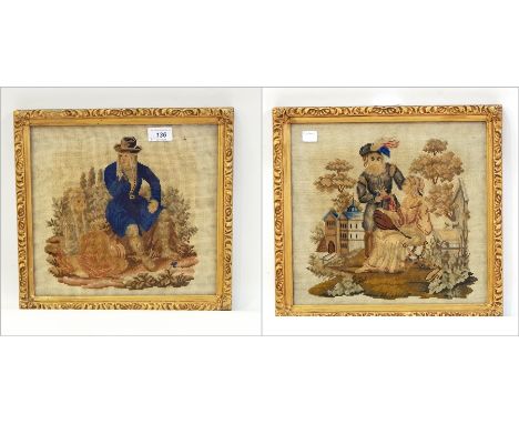 Two framed tapestries showing a couple, the lady playing a mandolin with a gentleman standing and the other a gentleman sitti