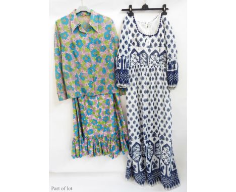 Various 1970's vintage maxi dresses including white cotton printed with a blue pattern, a Berkertex sleeveless cotton wraparo