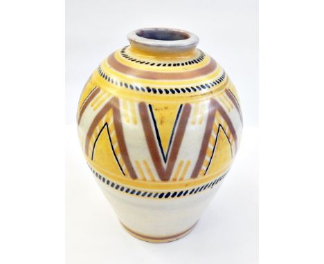 Art Deco Carter Stabler Adams Poole pottery vase with slight everted rim, tapering body, in YM design in yellow, black and be