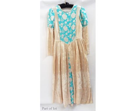 Six theatrical/fancy dress medieval style dresses in various brocade, velvet, satin with embroidered details and faux-pearls,