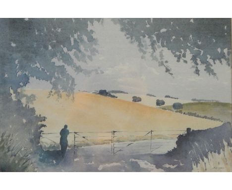 Morgan Hughes 
Watercolour 
Gloucestershire landscape, figure looking over a gate into the fields and surrounding hills, sign