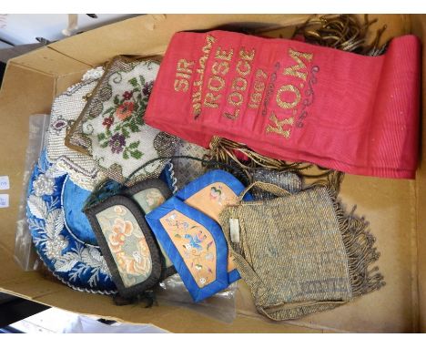 A selection of 1920's, etc beaded evening bags, two embroidered oriental style purses, a red satin Masonic sash with gold thr