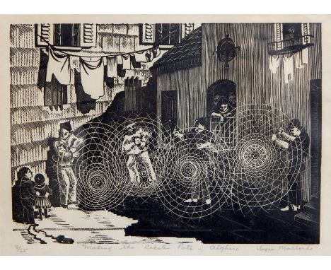Joyce Malloch (1907-1982)
Limited edition screen print/lino cut 
"Making the Lobster Pots - Alghero" 14cm x 9cm
