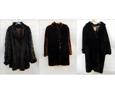 Claremure dark faux-beaver coat, another chestnut brown and a faux-fur three-quarter length coat (3) 