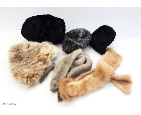 A vintage reindeer hat from Oslo, a mink tippet, an astrakhan hat, a grey mink tippet and various other vintage fur pieces  L