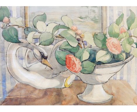 Evelyn de Glehn
Watercolour
Still life swan and bowl of roses, signed in pencil, 52cm x 38cm 

Her uncle, Wilfred de Glehn RA