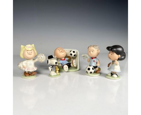 Fine porcelain in a glazed and matte finish, hand painted details and dainty gold accents of (5) Peanut Gang figurines playin