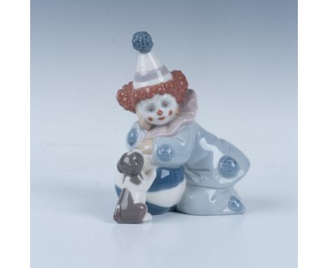 Glossy figure capturing a whimsical moment of playfulness, featuring Pierrot with a playful puppy and a colorful ball, reflec