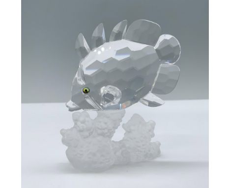 A butterfly fish with melon-colored eyes gracefully swimming near frosted coral, searching for food. Swarovski backstamp. Thi