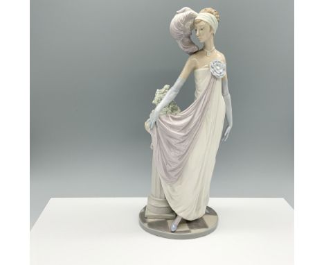 Glossy figure of a fancy woman flaring out her dress next to a decorative pillar. Lladro backstamp. Artist: Vincente Martinez