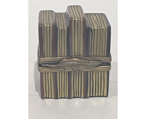 24k gold accented Hand painted collection of law books facing out on a shelf porcelain mini box. Skillfully realistic. Gilded