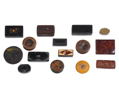 A copper gilt mounted vernis Martin snuff box, 18th c and miscellaneous 19th c English horn, papier mache and maple and other