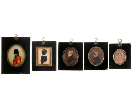 English Profilist, early 19th c - Silhouette of an Officer, painted on glass, oval, 10.5cm, another silhouette and three 19th